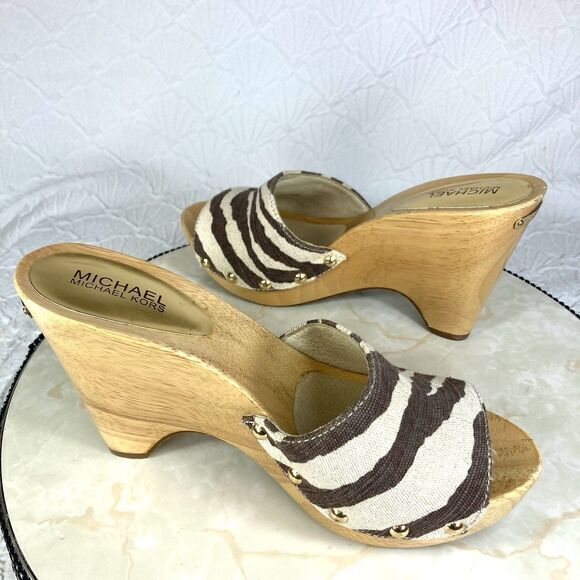Michael Kors Platform Clogs Women Sz 9 Brown Animal Print 70’s Style Sandals - Picture 11 of 13